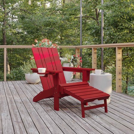 FLASH FURNITURE Red Adirondack Chair with Ottoman and Cupholder LE-HMP-1045-110-RD-GG